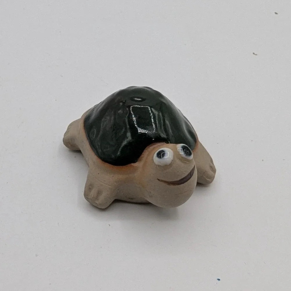 Miniature Clay Turtle Figurine Glazed Green Shell Handmade Pottery Decor 2 Inch
